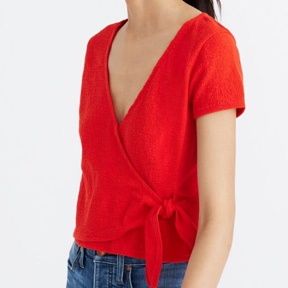 Madewell Textured Ballerina Wrap Red Women’s Short Sleeve V/Neckline Top Sz XXS - Picture 1 of 13